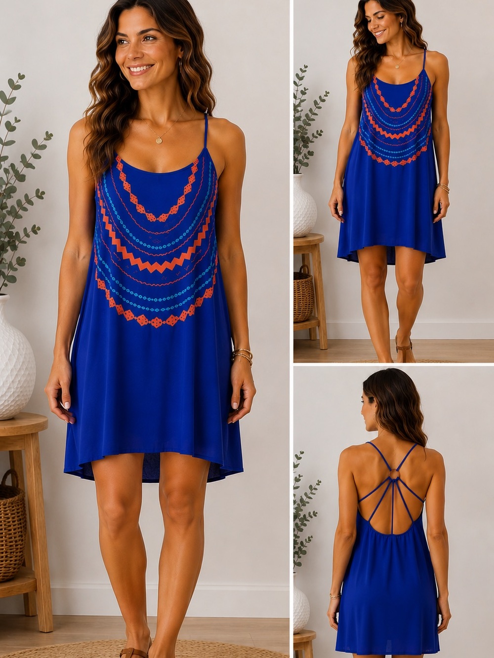 Francesca’s Collection Blue Boho Tribal Print Hi Low Dress Strappy Back Small